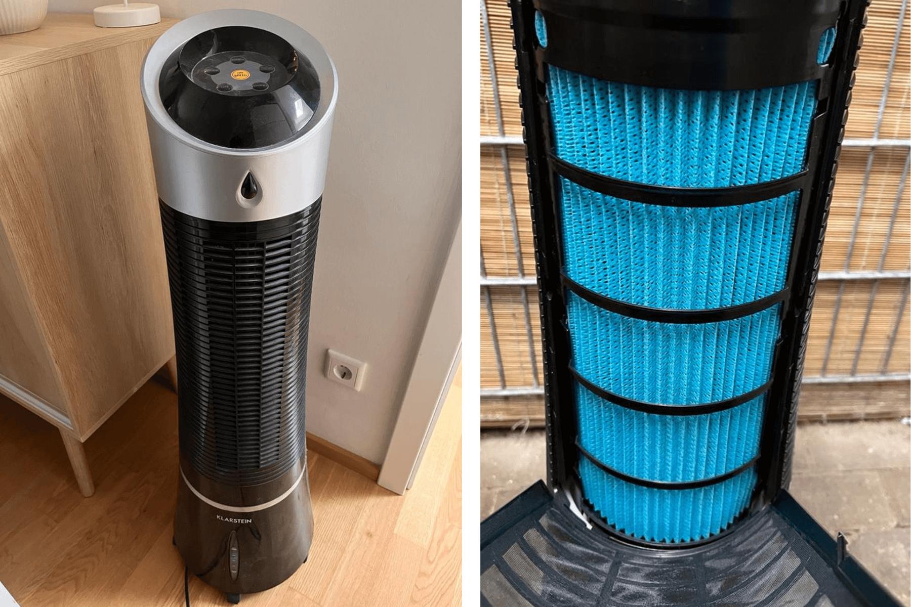 Der Verdunstungsfilter eines Ventilators mit Wasserkühlung ist im Test zu sehen.